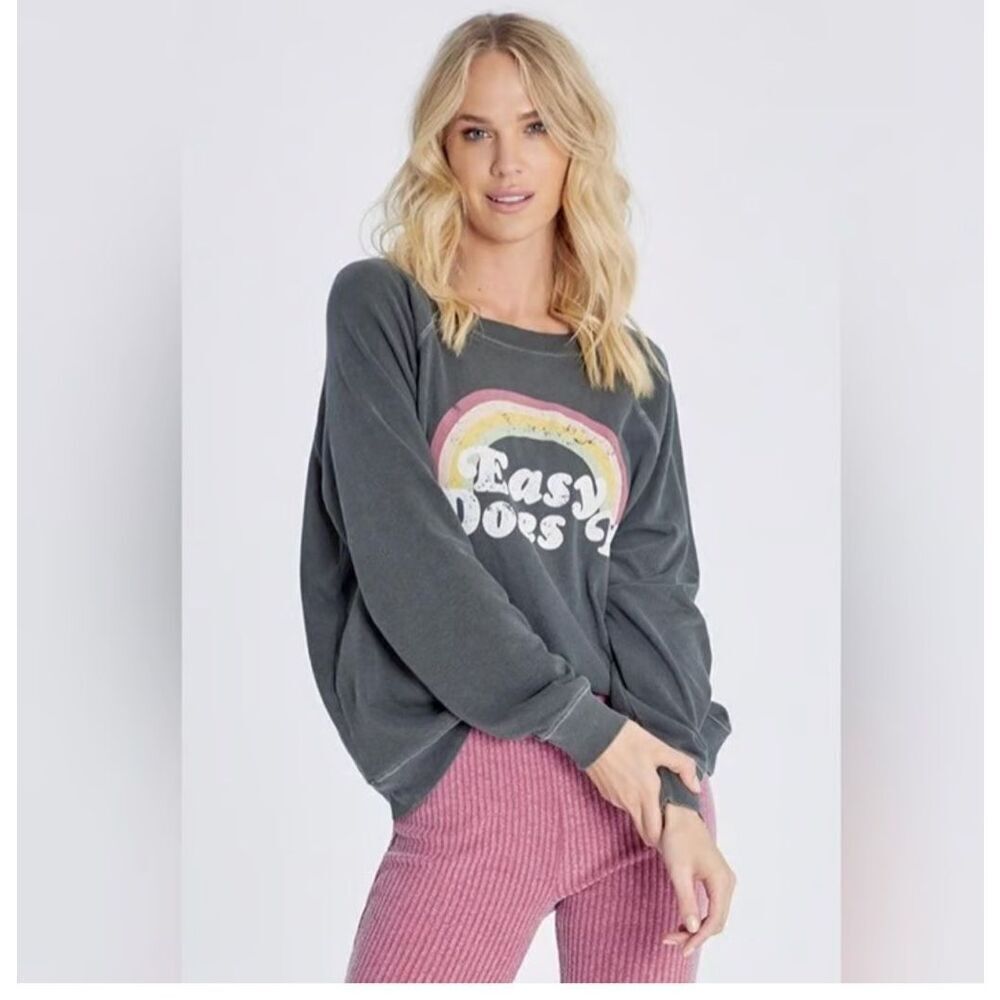 Wildfox Easy Does It Gray Rainbow Graphic Sweatshirt Size M Oversized Pullover